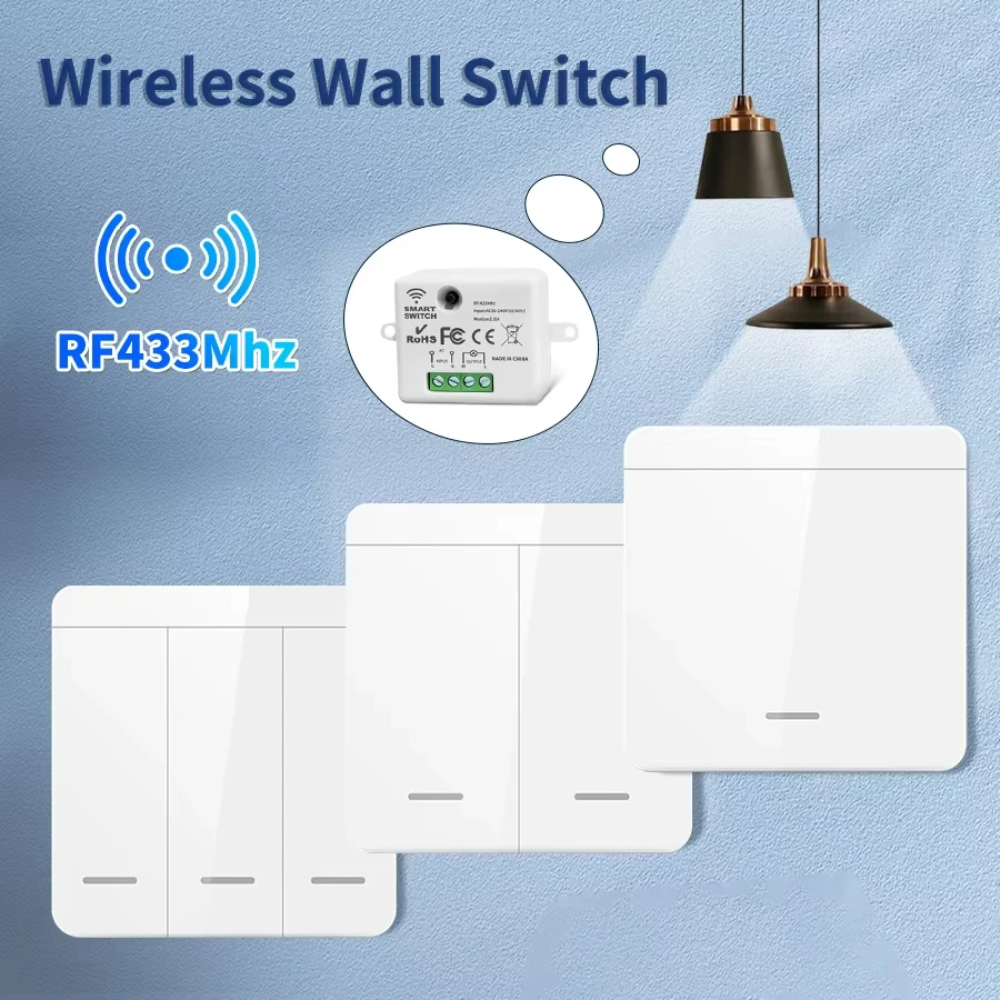 433MHz 1/2/3Gang 86 Wall Panel Switch Wireless Smart Switch Light with Remote Control Interruptor 10A 110V 220V For LED Lamp