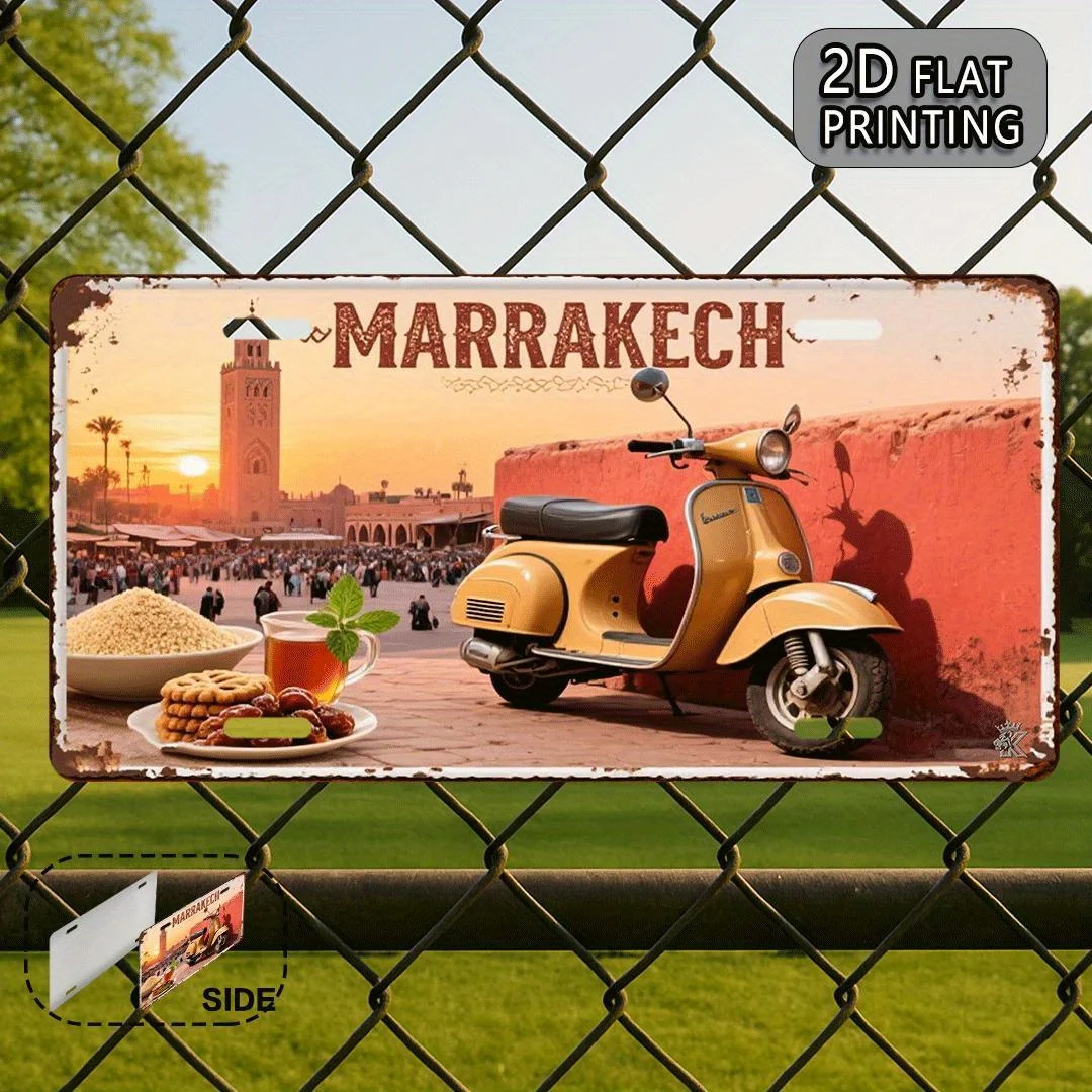 2D Flat a Single Piece of Vintage Marrakech Metal Signage - 2D Flat Printed Aluminum Wall Art Measuring 11 Featuring a Moroccan