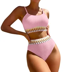 Damski dwuczęściowy kostium kąpielowy z Bikini wysokie w talii dekoltem w szpic Color Block skręcony z przodu strój kąpielowy Conjuntos De BiquíNis Ropa De Mujer