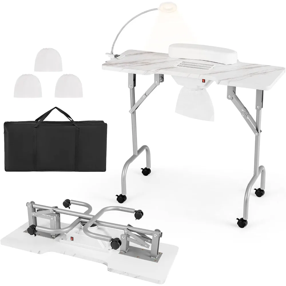 

Manicure Nail Table, Folding Nail Salon Workstation w/Electric Dust Collector, 3 Dust Bags, LED Lamp, Detachable Armrest