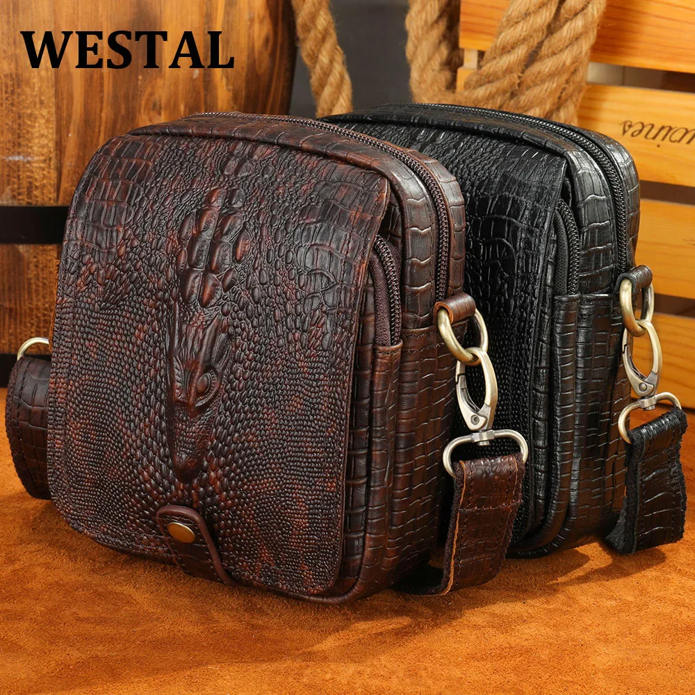 WESTAL Men\'s Crossbody Shoulder Bag Men\'s Genuine Leather Shoulder Bag Crocodile Pattern Messenger Bag Male Alligator Side Bags