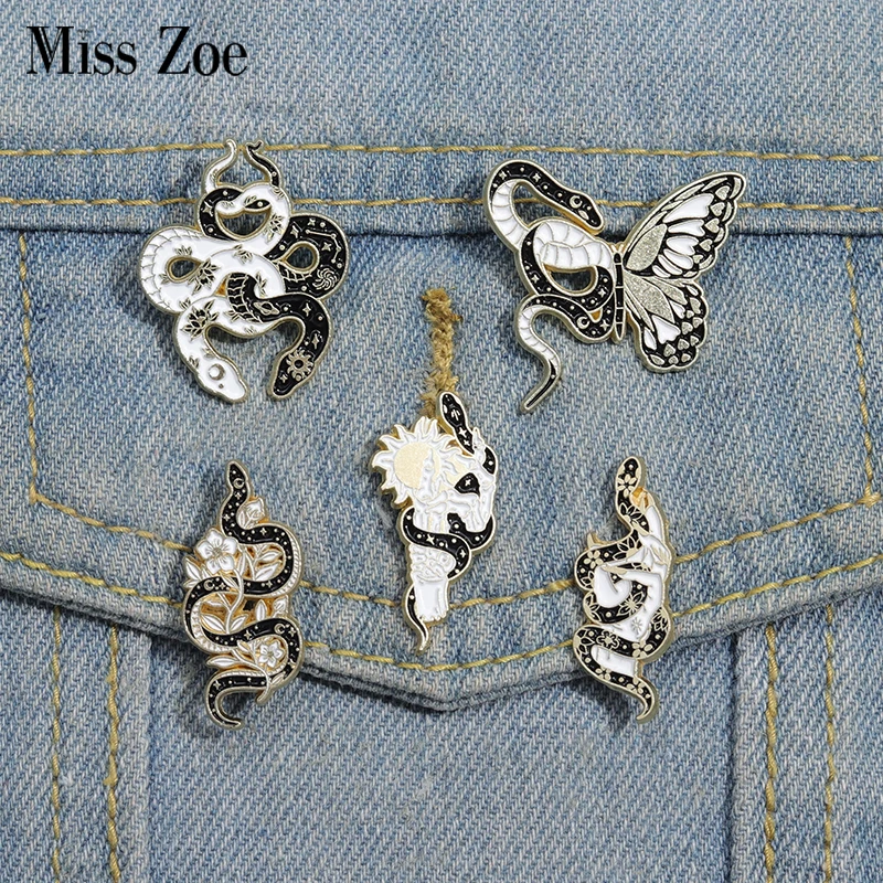 Butterfly Snake Enamel Pins Custom Black White Sun Moon Snake Brooches Lapel Badges Punk Gothic Animal Jewelry Gift for Friends