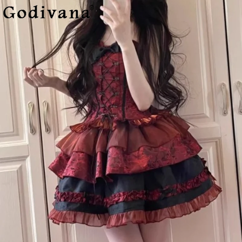 

New Personalized Lolita Red Jacquard Strapless Fishbone Bow Vest Top Fashion High Waist A-line Age-reducing Cake Princess Skirt