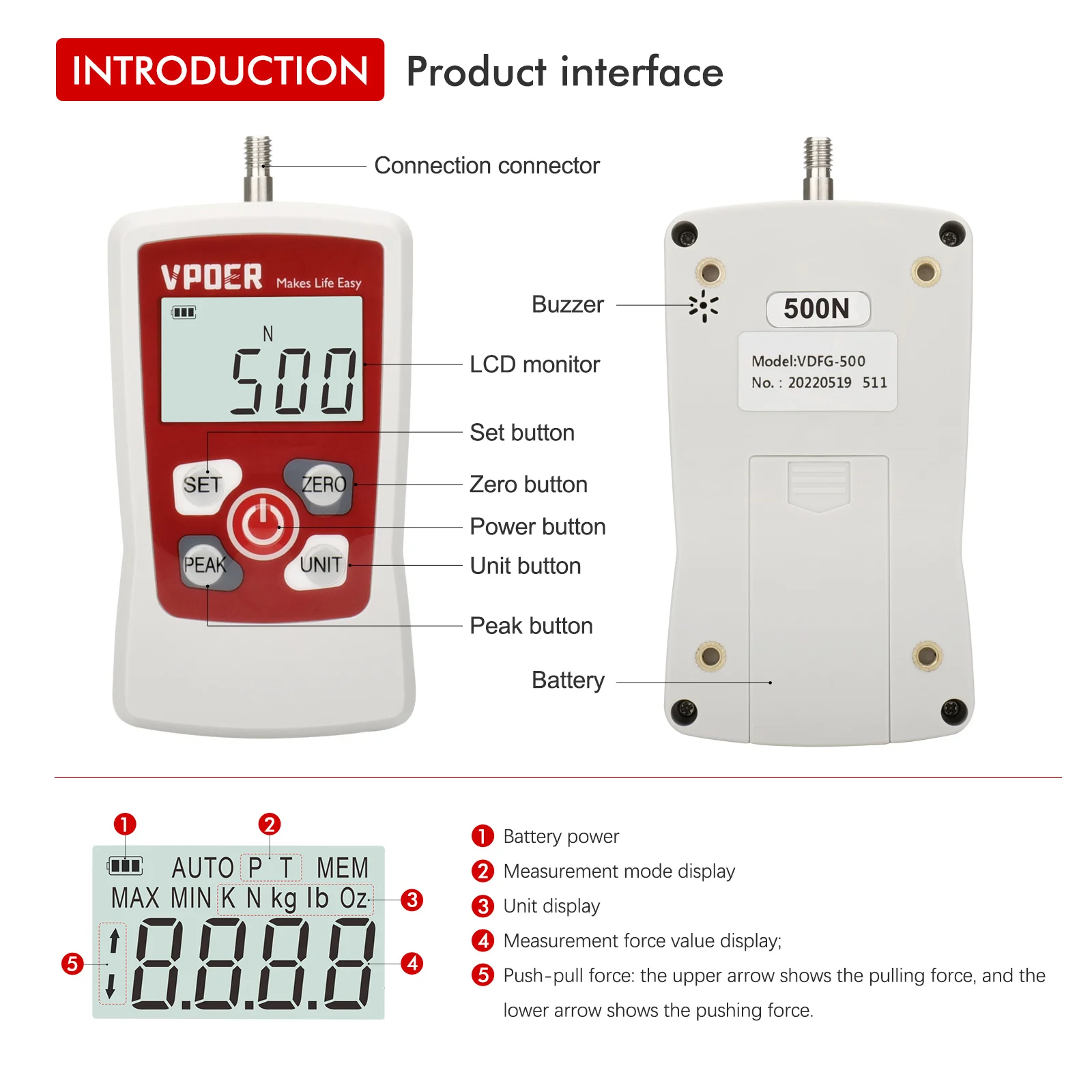 Imagem -05 - Vdfg 500n 50kg 110lb 1800oz Medidor de Força Portátil do Verificador do Calibre da Força da Tração de Digitas com Automático Retroiluminado Lcd Power-off