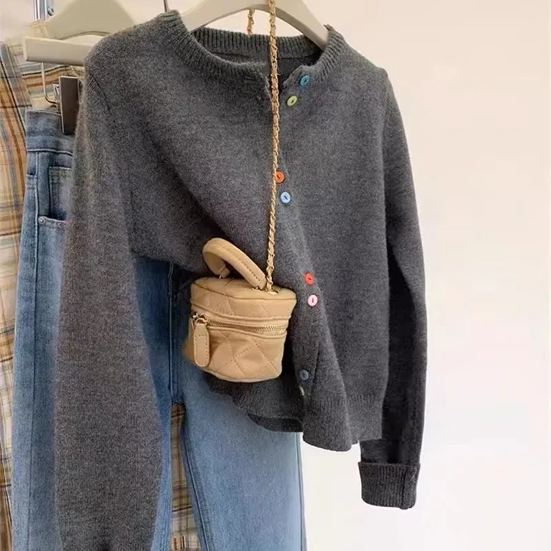 

Весенне-осенний женский красочный пуговица с круглым вырезом и длинным рукавом, повседневный модный однотонный свободный вязаный свитер, кардиганы, женские пальто