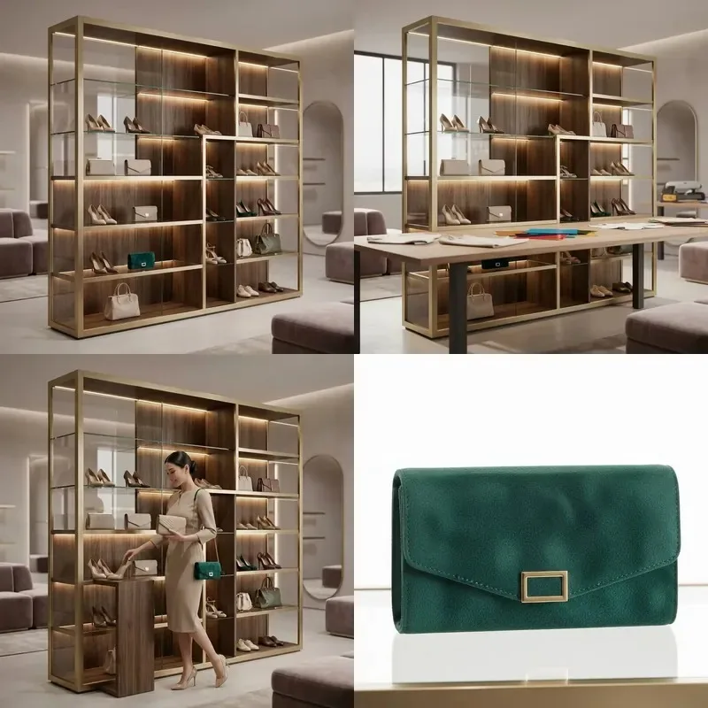 Gold Brushed Stainless Steel Shoe and Handbag Display Cabinet with Glass Shelf for Retail Stores