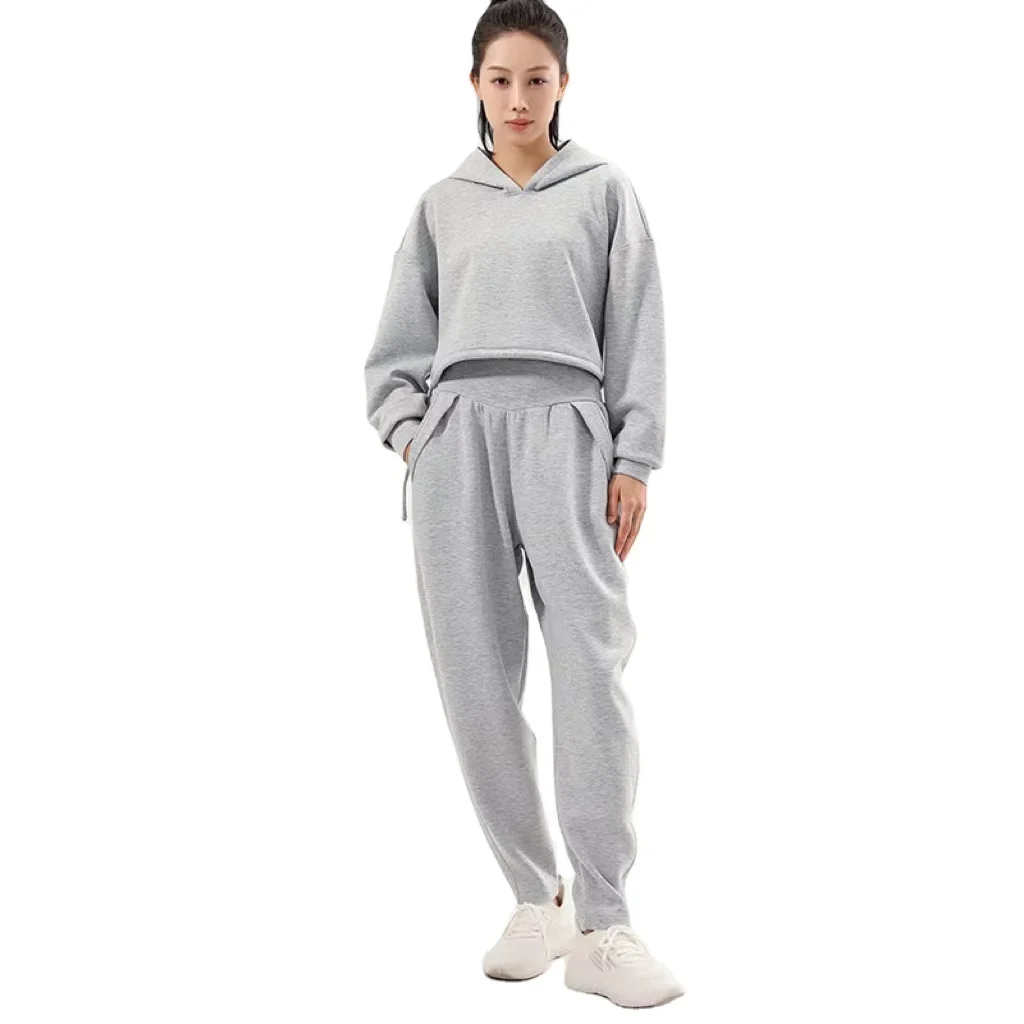 280G Elastic Air Layer Ready To Ship  Womens Oversized  Sweatshirt & sweatpants Casual Plain Crop Set hoodie