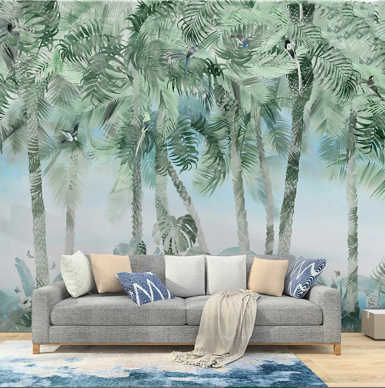 Customized Size Wallpaper Rainforest Plants Leaves Decoration Painting Hand drawn Jungle Mural Tapestry 3d wallpaper Grey Jungle