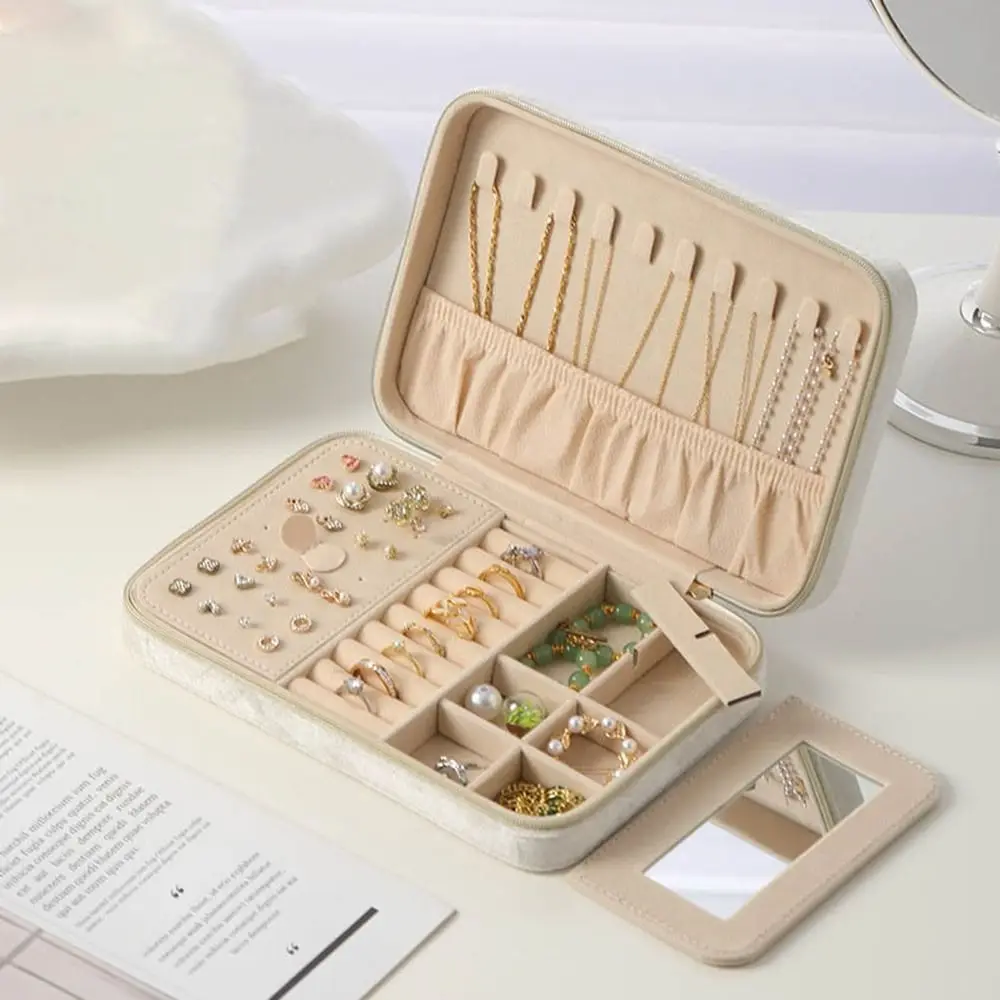 

Zipper Velvet Jewelry Box Large Capacity Dustproof Jewelry Display Box with Two Removable Dividers Jewelry Storage Case Travel