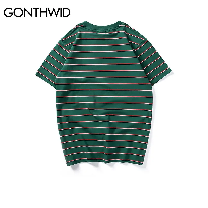 GONTHWID Harajuku Stripe T Shirts Men/Women Hip Hop Casual Cotton Short Sleeve Tops Tees Summer Fashion Tshirts Black Red Pink