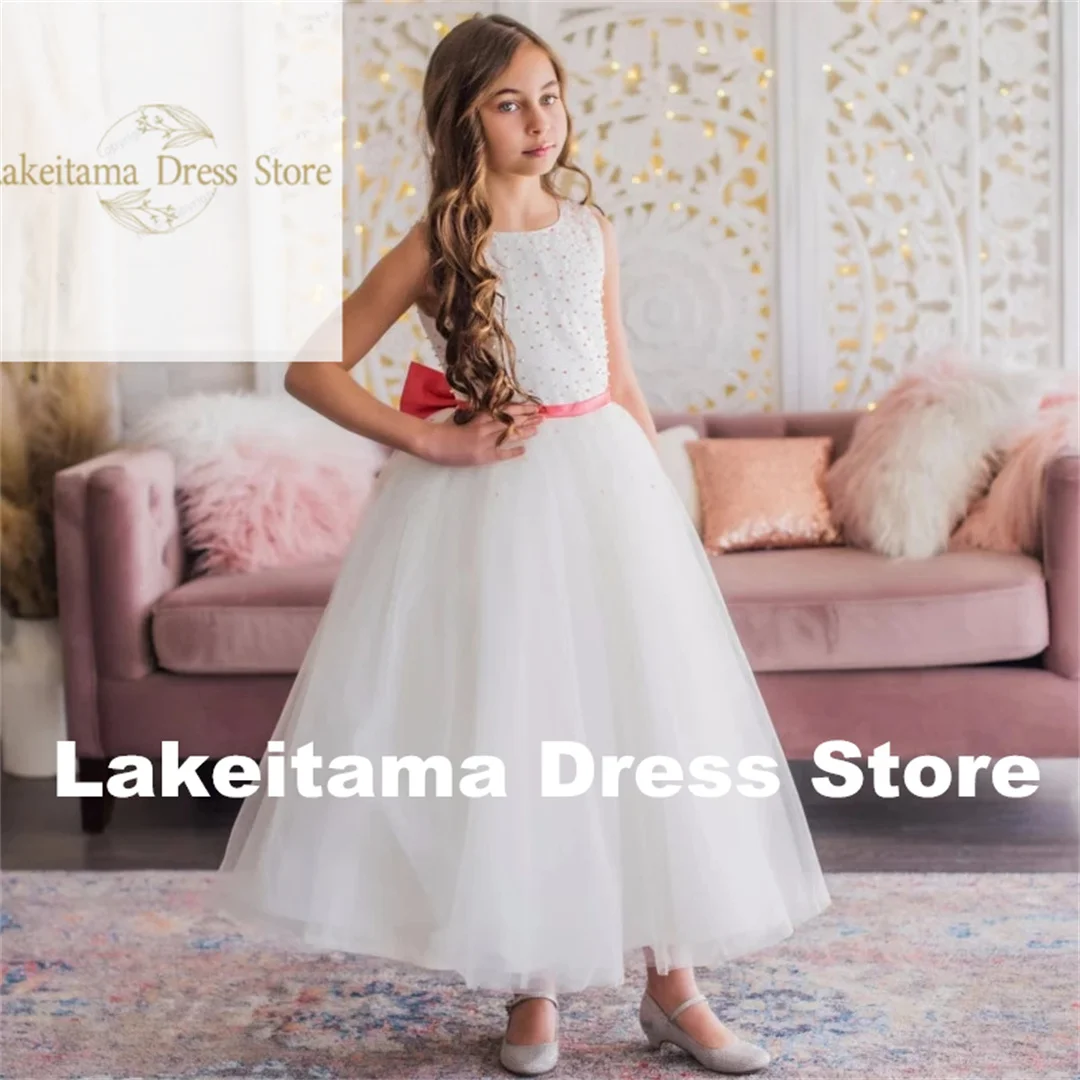 Customization Flower Girl Dresses Pearls With Red Bow Ribbon Sleeveless For Wedding Birthday Party Holy Communion Gowns