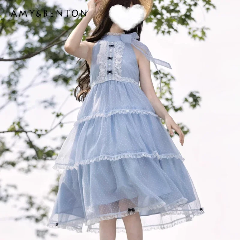 

2024 New Japanese JK Uniform Original Design Summer Blue Sleeveless Bow Neck Sweet Cake Fluffy Fashionable Dress For Girls