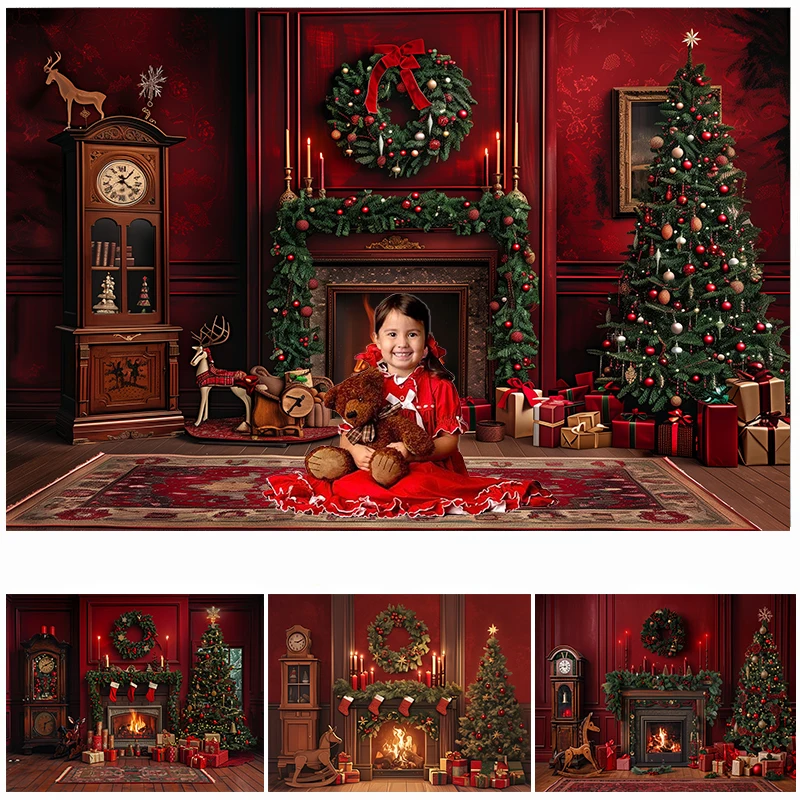 

LS Indoor Fireplace Christmas Tree Red Wall Decor Kids Portrait Family Photo Background Xmas Party Studio Photography Backdrop