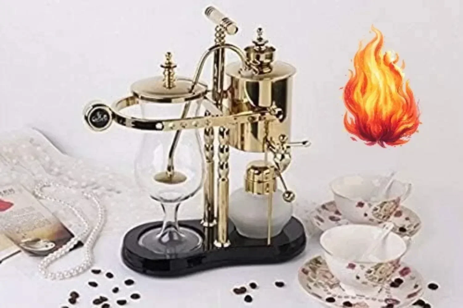 Belgian/Belgium Family Balance Siphon/Syphon Coffee Maker, Elegant Double Ridged Fulcrum with Tee handle (Classic Gold)
