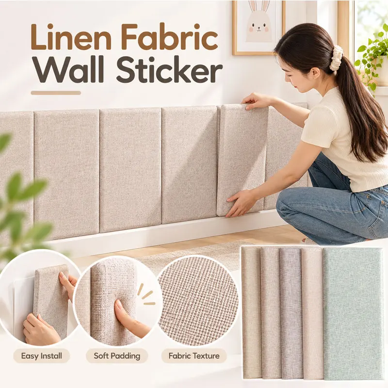 23x50cm Linen Fabric 3D Wall Sticker Upholstered Anti-Collision Peel Stick Wall Panel Foam Headboard for Kids Room Wall Decor