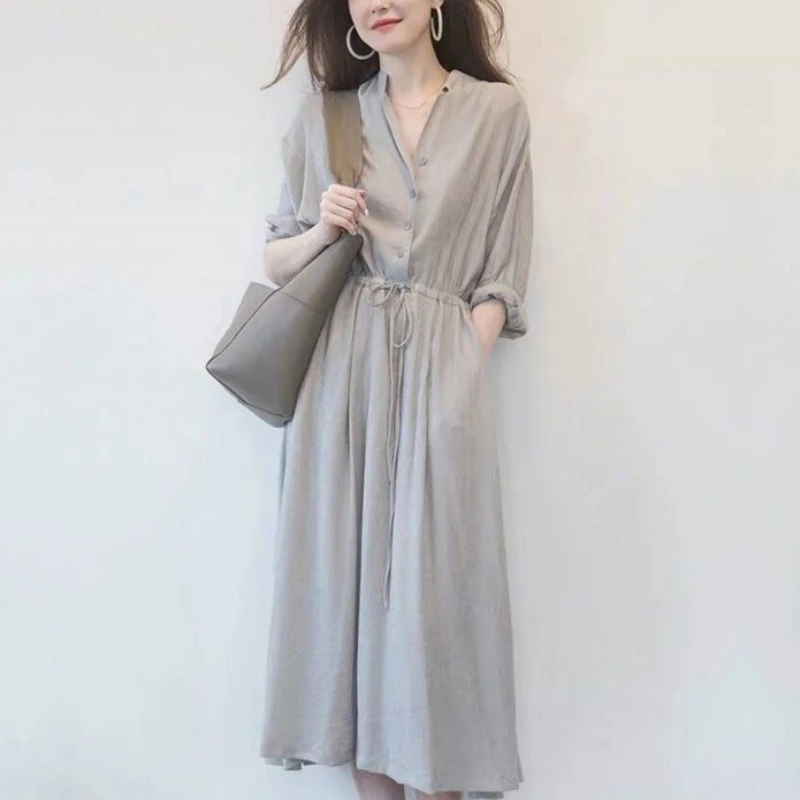 

2024 New Spring and Autumn Korean Edition Minimalist Fashion Casual Dresses Long Sleeved V-neck Loose Lace Up Women's Long Dress