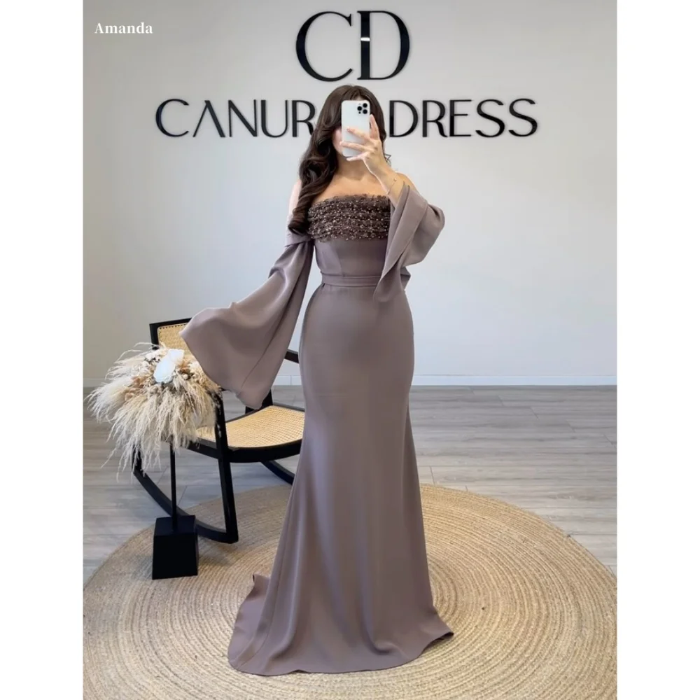 

Amanda Customized Gray Beaded Strapless One Shoulder Prom Dresses Bell Sleeves vestidos de noche Floor-Length Formal Evening