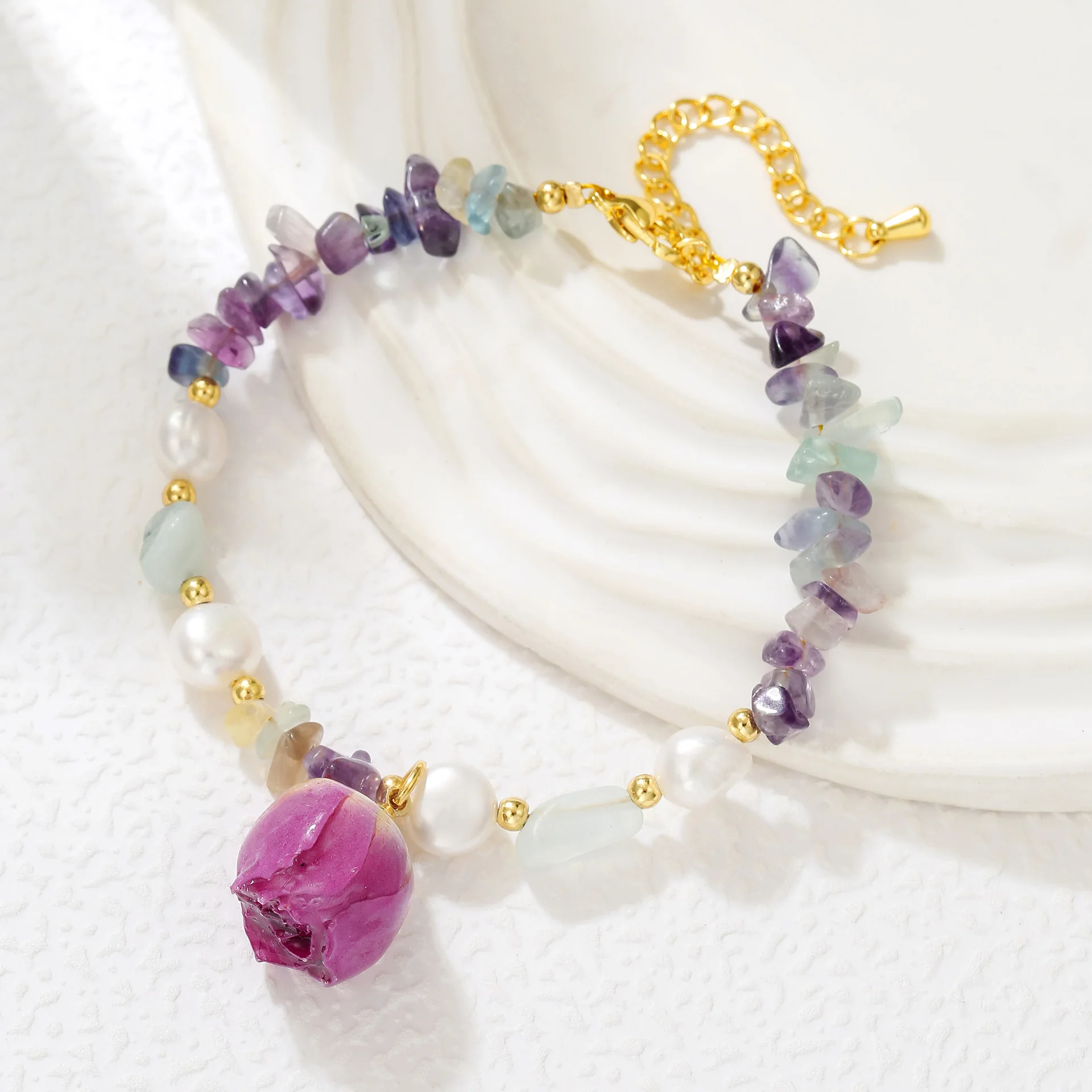 Irregular Purple Crystal Natural Freshwater Pearl Sweet Rose Flower Tag 14K Gold Filled Lady Charm Bracelet Jewelry Promotion