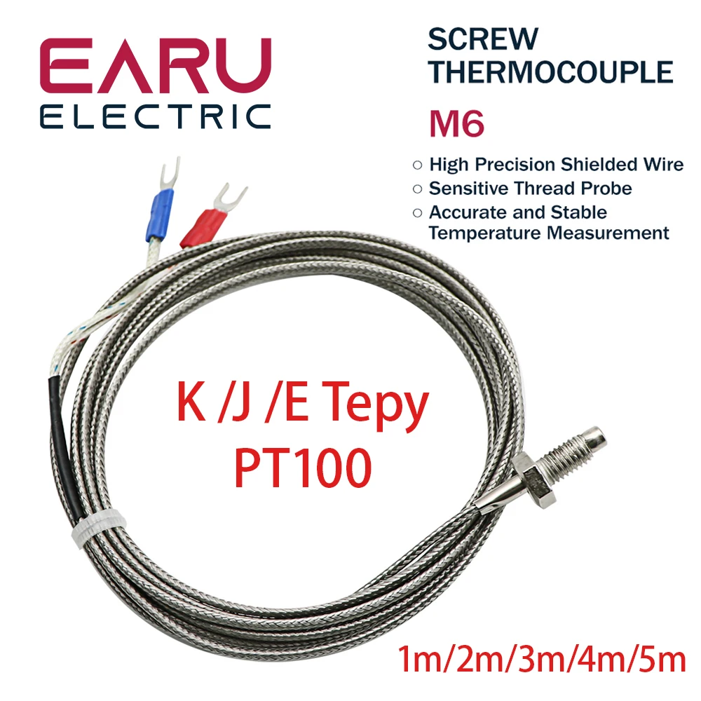 Thread M6 Screw Probe Temperature Sensor Thermocouple K J E PT100 Type 0-400℃ 1/2/3/4/5m Long Cable PID Controller Thermometer