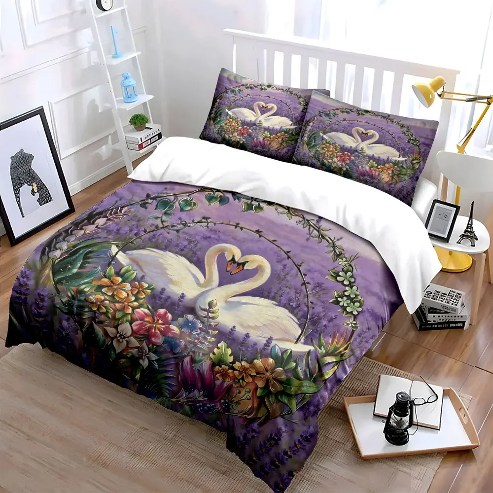 Romantic Swan Floral Decoration Set Soft Comfortable Duvet Cover Bedding Set Included 1*Duvet Cover & 2*Pillowcases, gift