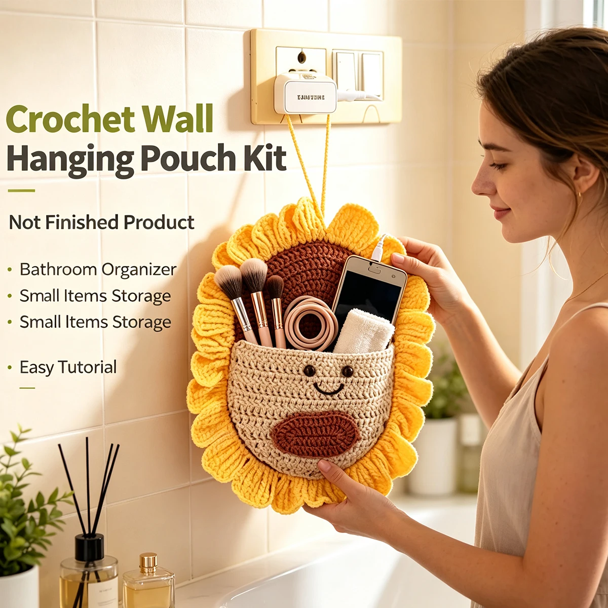 Sunflower Wall Hanging Storage Bag Crochet DIY Kit, Not a Finished Product, Beginner-Friendly Handmade Knitting Set, Includes Full Set of Yarn and Crochet Tools with Step-By-Step Video Tutorial, Easy to Use for Beginners, Cartoon Smiling Sunflower Hanging Design, Can Store Stationery, Chargers, and Small Items, Cute Decoration for Home Entryway, Suitable for Halloween, Thanksgiving, Christmas, New Year, Holiday Home Decor, Interactive Handmade Items, Black Friday Online Hot-Selling Gift