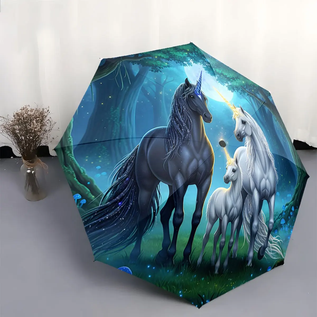 

Portable Folding Umbrella with Mystical Forest & Glowing Horns - Automatic Open/Close, Compact Travel Umbrella with 8-Rib Stur