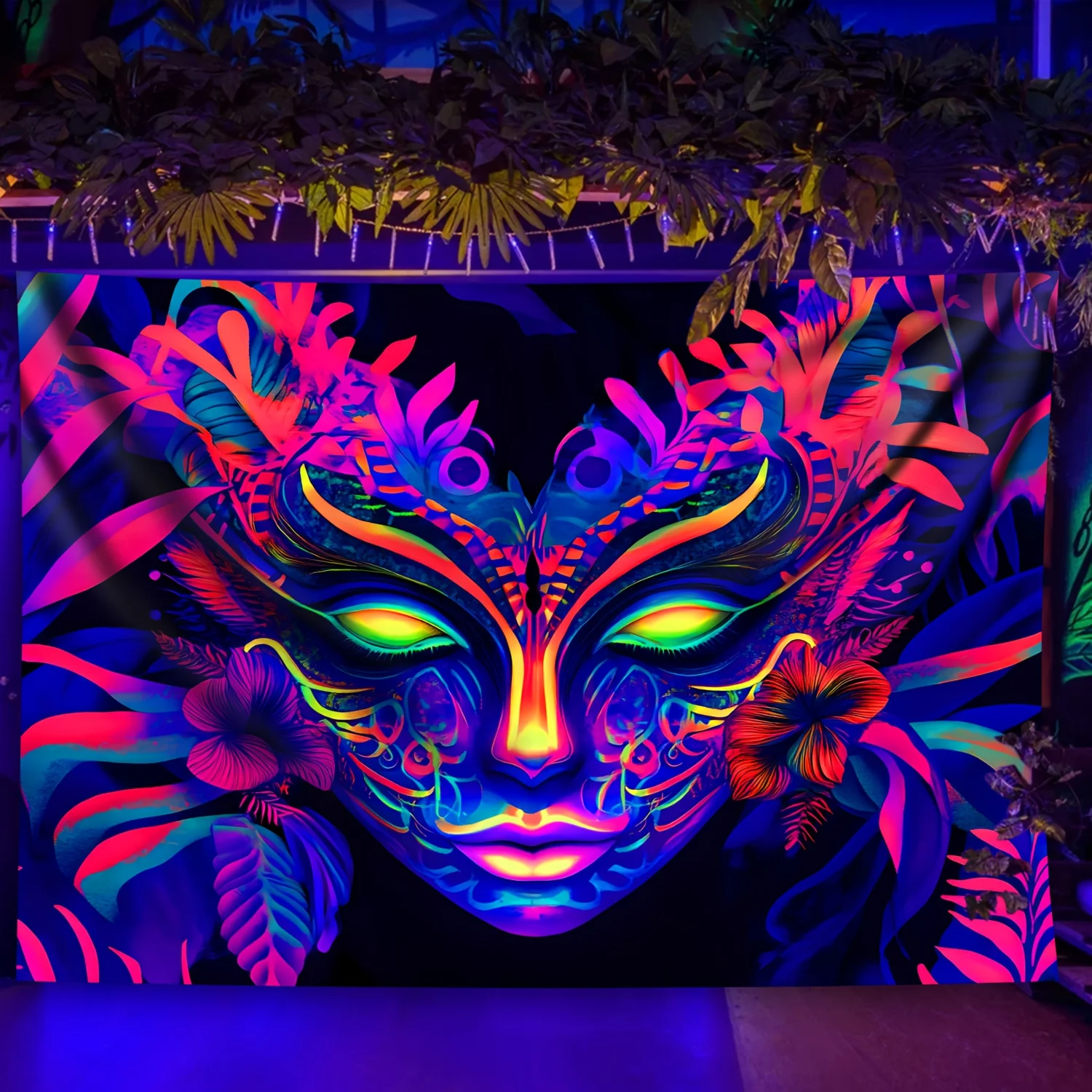 VIKAMA Halloween Psychedelic Flower Tapestry Green Mask Neon Floral Living Room Music Corner Party Room Decoration