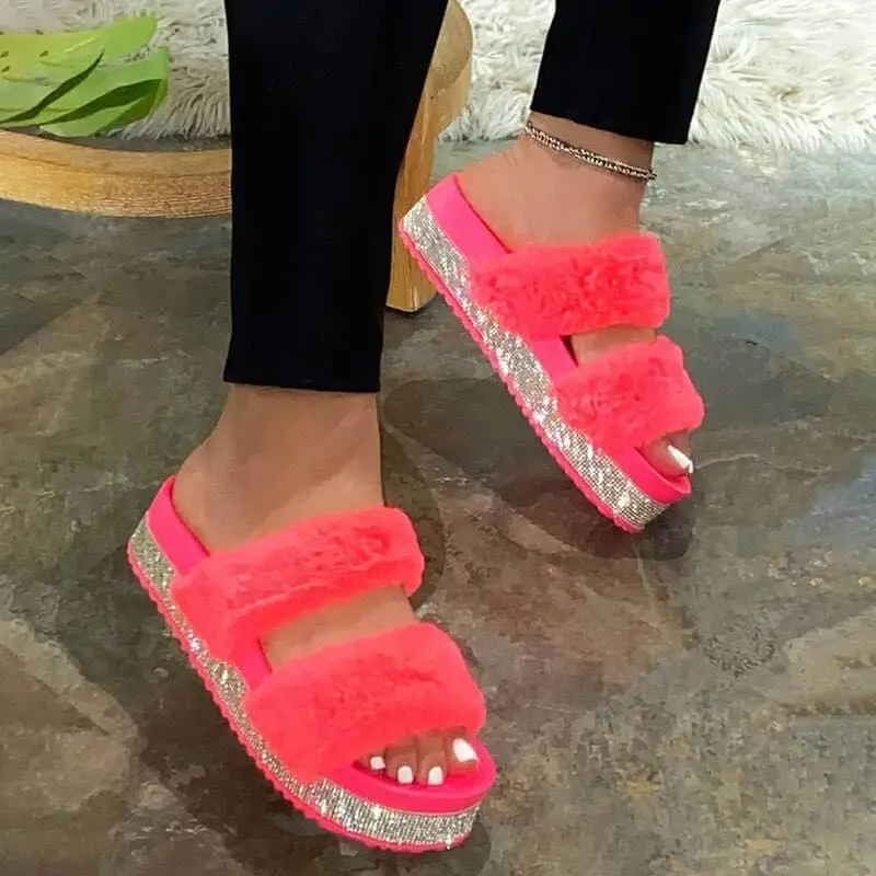 MS home anti-skid Spring/summer new 2024 new rhinestone thick bottom hairy slippers ladies plus size foreign trade hairy sandals