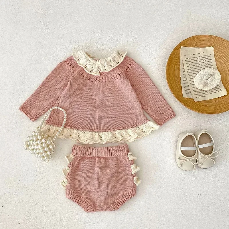 

Cute Newborn Baby Girl Clothes Long Sleeve Ruffles Collar Flower Sweater Tops Knitwear Bloomers Shorts 2PCS Autumn Outwear 0-3Y