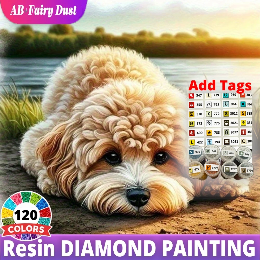 120 Color Resin AB Fairy Dust Full Square Round Diamond Painting Animal Cute Poodle Beach Sunset Mosaic Embroidery Gift