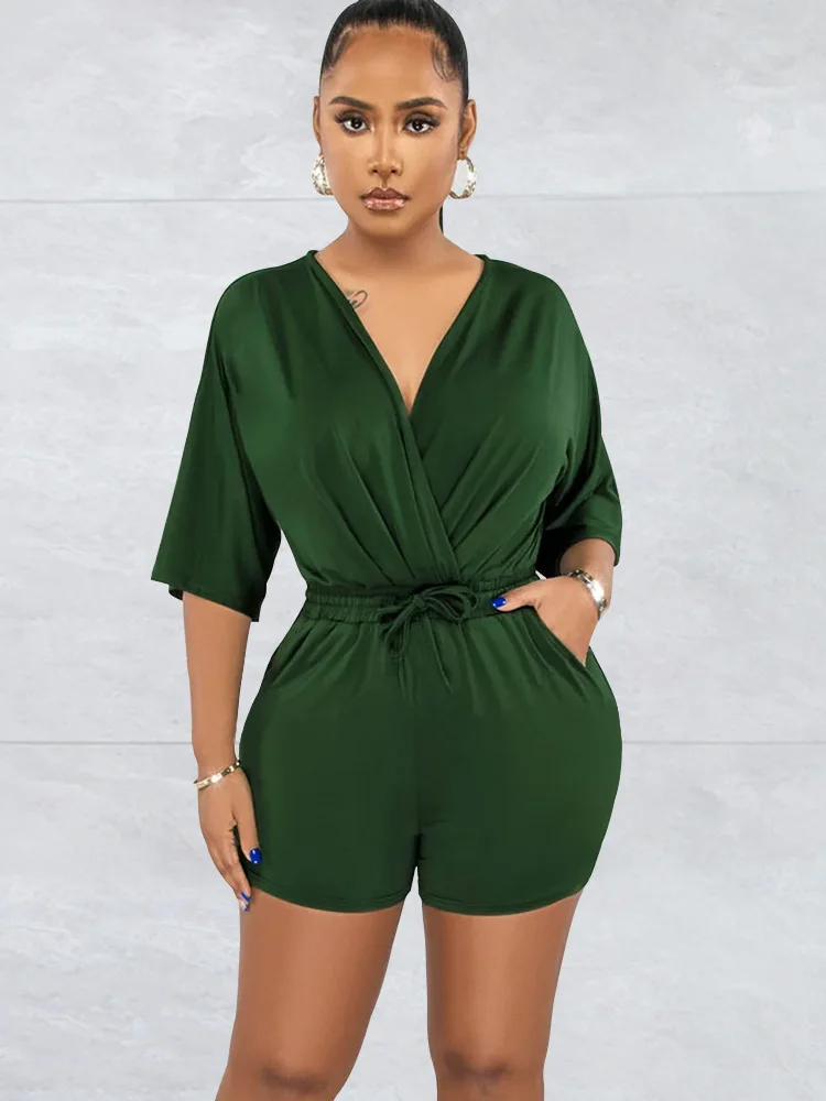 

RLMABABY Fashion Solid Lace Up V Neck Women Skinny Playsuit Sexy Half Sleeve Casual High Street Rompers Bodycon Jumpsuit