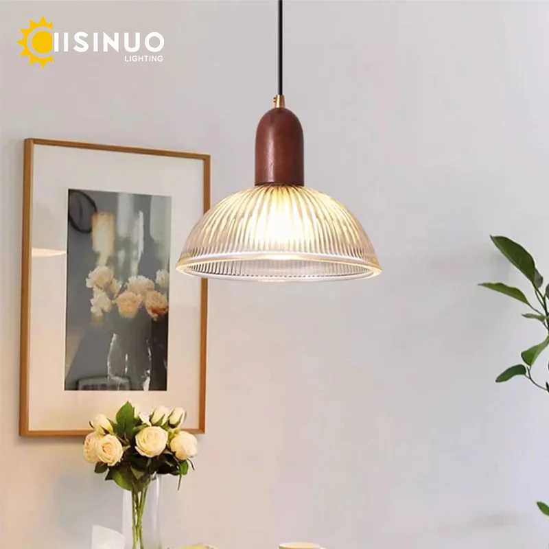 

Vintage Minimalist Pendant Light Wooden & Glass Chandelier with Adjustable Hanging Cable for Dining Room/Restaurant/Bistro Table