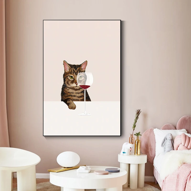 لوحة قماشية مضحكة للقطط بالأبيض والأسود ، ملصق ومطبوعات للنبيذ الأحمر ، فن جداري لمحبي القطط ، صور لغرفة المعيشة ، المطبخ ، ديكور المنزل #4