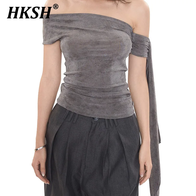

HKSH Summer New Women Chic Sexy Streetwear Original Design Solid Color Slash Neck Off Shoulder Top Casual Fashion T-Shirt HK5798