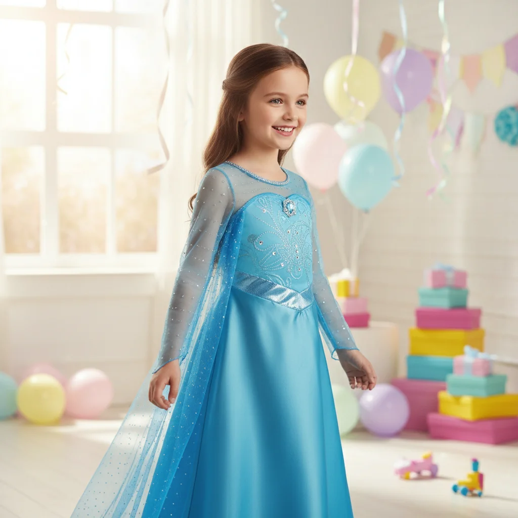 Carnival Costume for Girls Ice Queen Princess Roleplay Gown with Sparkling Snowflake Sheer Cape Soft Lining for Fantasy Parties