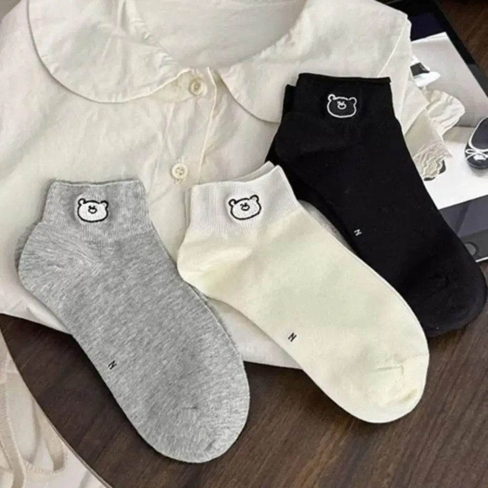 3Pairs Cute Thin Embroidered Bear Socks Ins Style Sweet Sweet Ankle Socks Kawaii Female Hosiery Short Tube Socks Women Girl