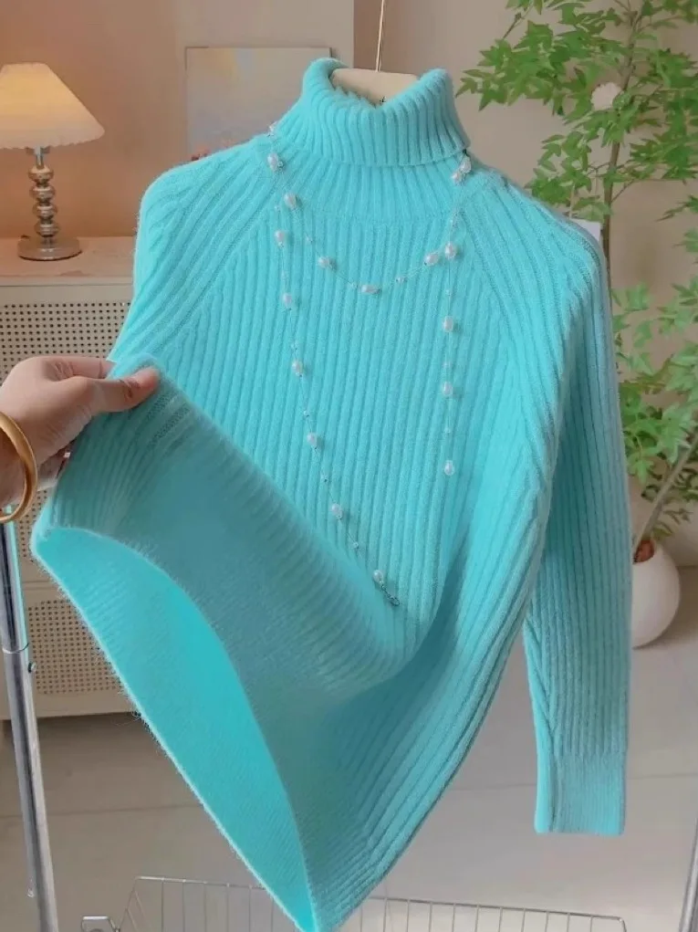 

Thiened High Collar Blue oulder Insert Knitted Sweater Women's Autumn Winter New Sle Candy Color Loose Fit Inner irt