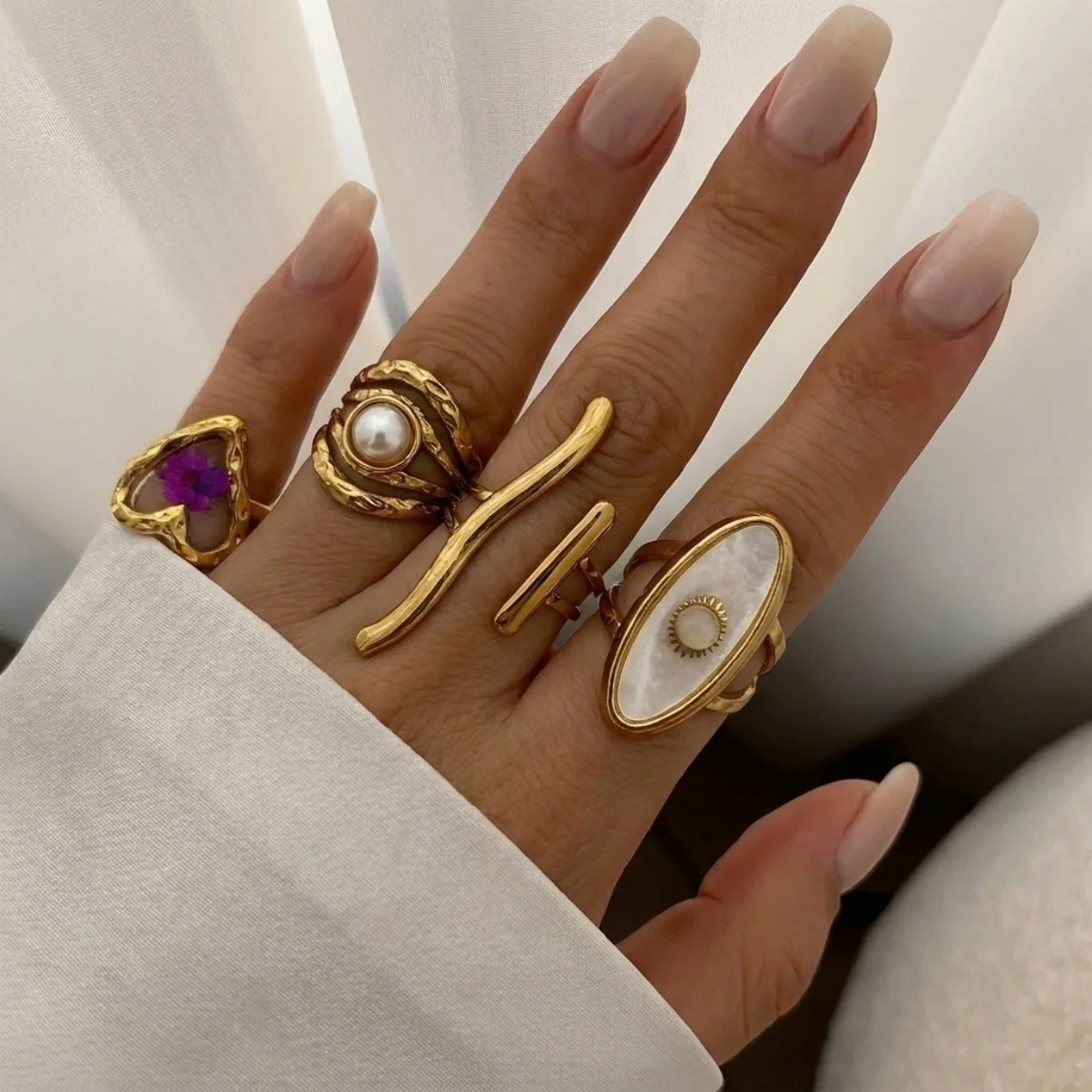 Ästhetische, natürliche Kieselsteine, spiralförmige, imitierte Perlen, strukturierte, gewellte Ringe für Damen und Herren, Edelstahl, geometrischer Ring, Schmuck. – Detail 14
