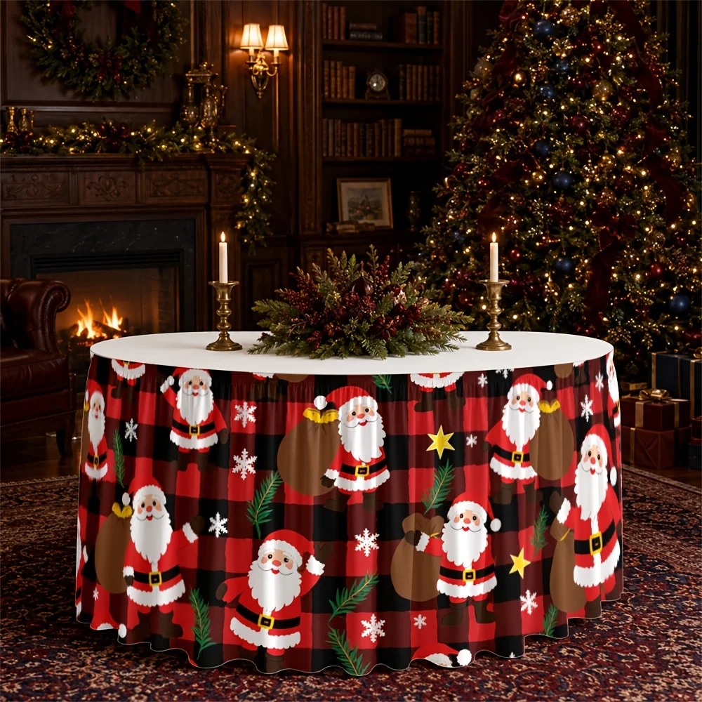 Table skirt - Christmas theme - Red and black check pattern - Santa Claus - Snowflakes - Stars - Festive atmosphere