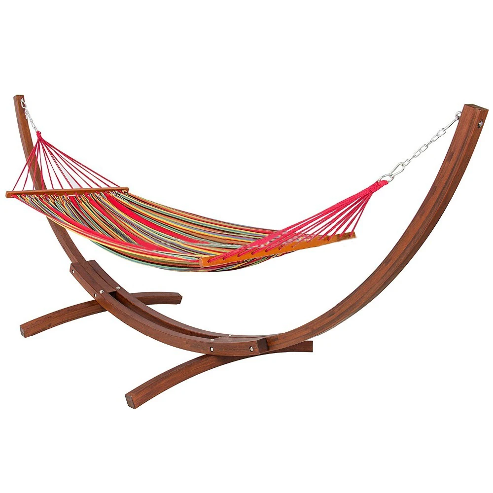 

Outdoor Patio Cotton Fabric Patio Hammock With Curved Wooden Arc Hammock Stand