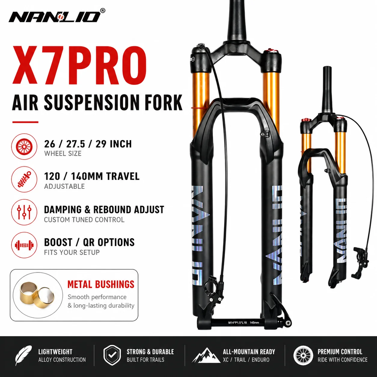 

NANLIO X7 PRO MTB Air Suspension Fork 26 27.5 29 Inch 120 140mm Travel Rebound Adjust Metal Bushings Black Gold Bike Fork