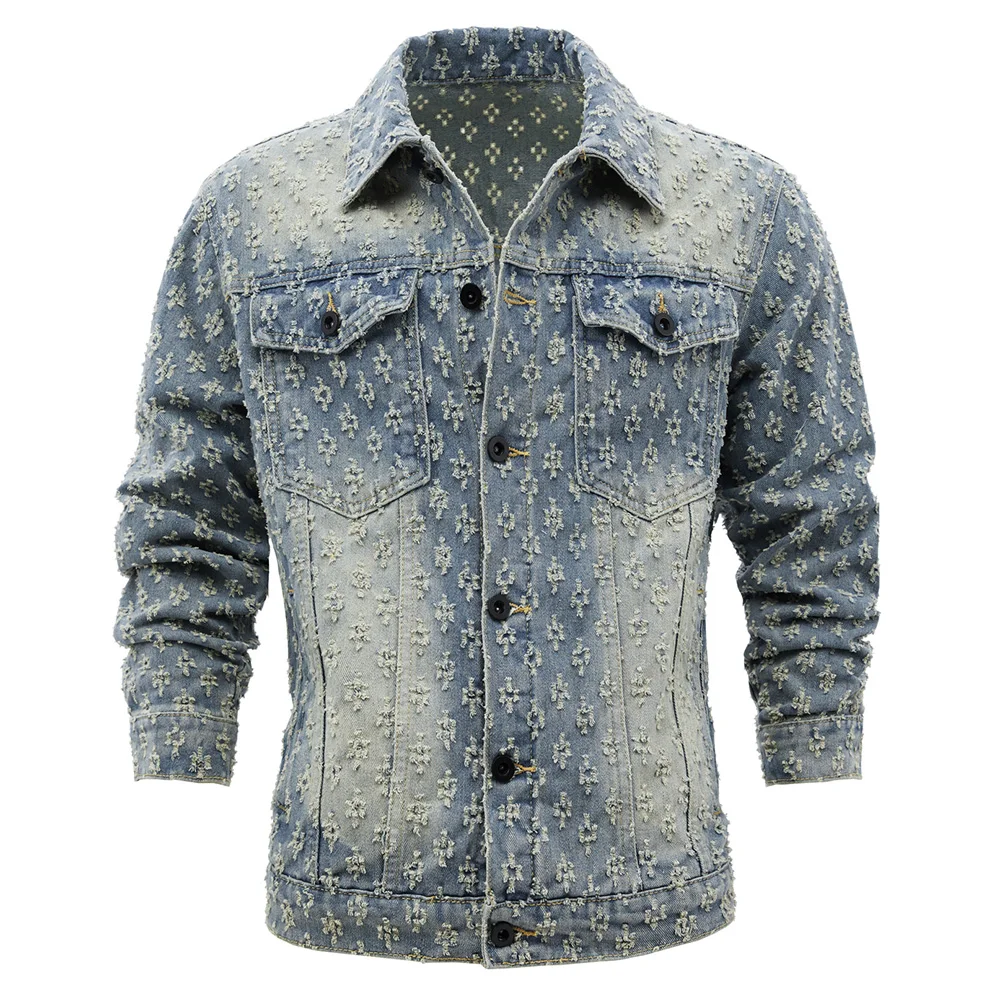 Men's Vintage Blue Denim Jacket Streetwear Jacquard Weave Retro Jean Coat Ripped Lapel Long Sleeve Outerwear