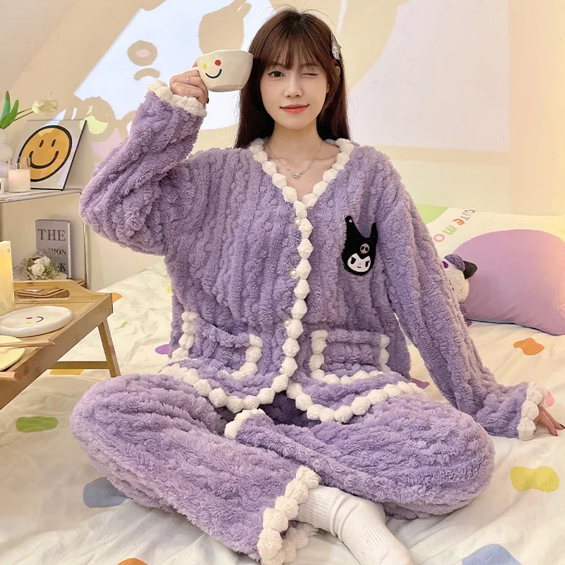 

Sanrio Kuromi Small Fragrant Wind Flannel Homewear Fall Winter Can Go Out Pajamas Kawaii Thickened Warm Long-sleeved Pants Suit