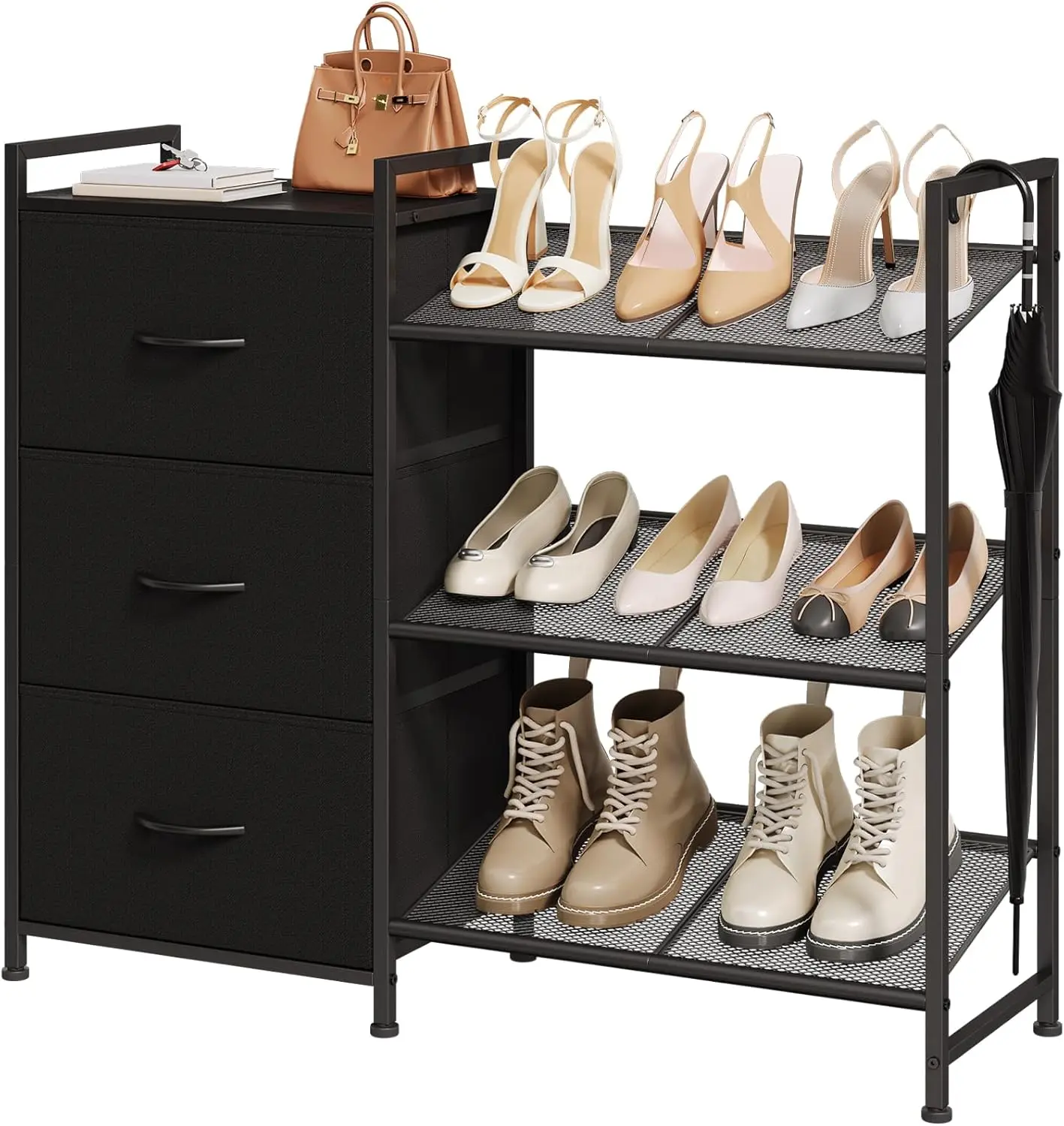 

3-Tier Shoe Rack with Drawers, Metal Storage Shelf for 6-9 Pairs, Narrow Entryway Organizer, Black