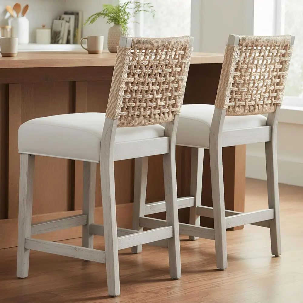 

White Boho Linen Fabric Counter Height Bar Stools Set of 2 with Woven Rope Back for Kitchen Island or Patio