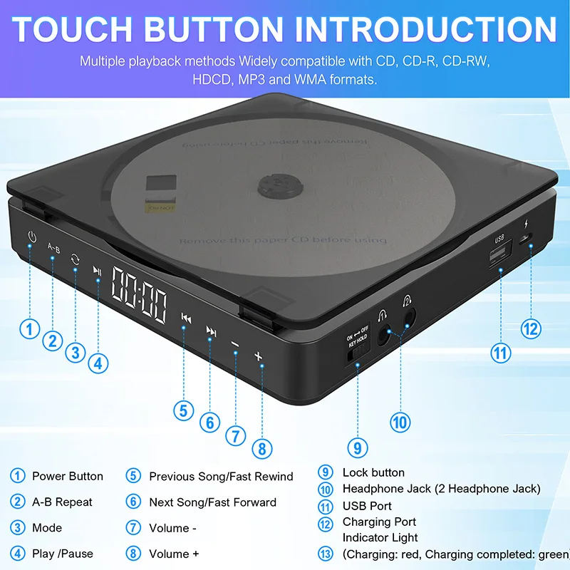 Compact Sports Portable CD Player Touch Button Rechargable Disc Player Reproductor CD Double Headphones CD-A22U
