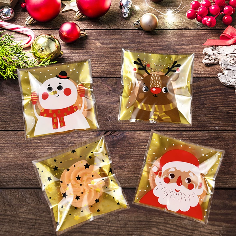 100 stücke Weihnachts plätzchen Süßigkeiten Taschen selbst klebende Geschenk verpackung Keks Snack Tasche neues Jahr 2024 Noel Navidad Weihnachten Party Dekor
