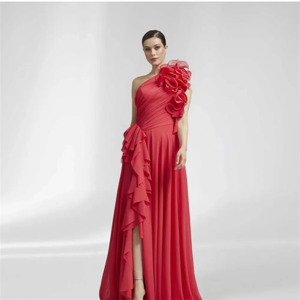 

Elegant Long Watermelon Chiffon Evening Dresses With Slit A-Line One Shoulder Ruffled Sweep Train Prom Dress