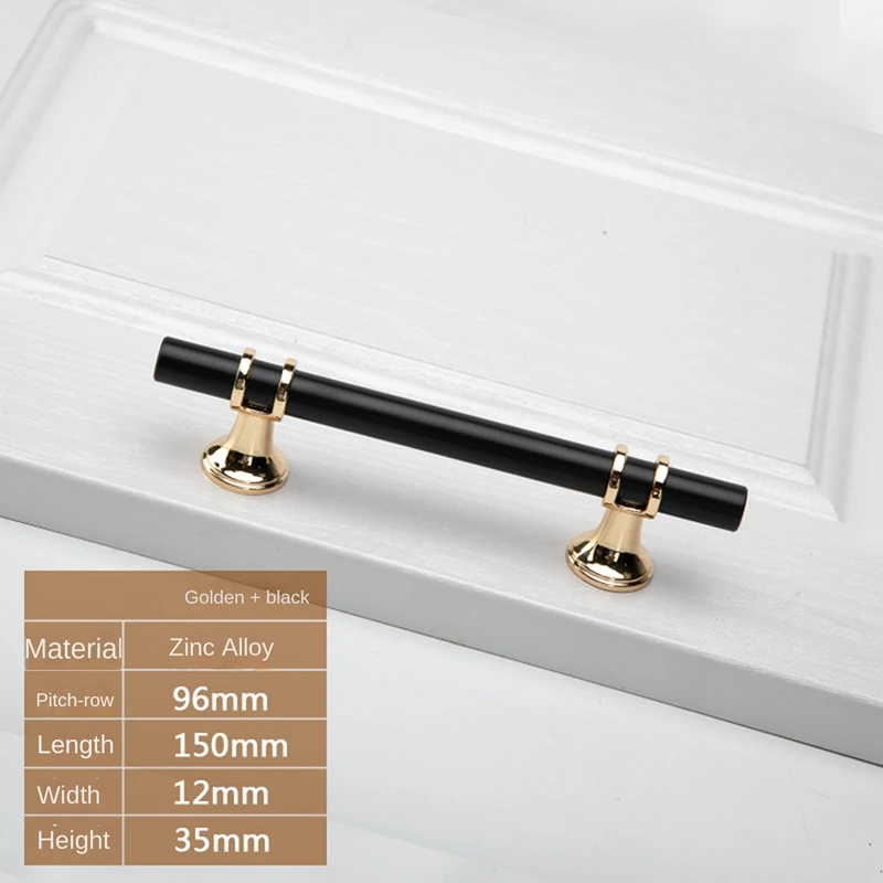 LUDA Cabinet Handles 6 Pack 96Mm Hole Centers Matte Black Euro T Bar Gold Base Drawer Pulls Cabinet Hardware For Kitchen Door