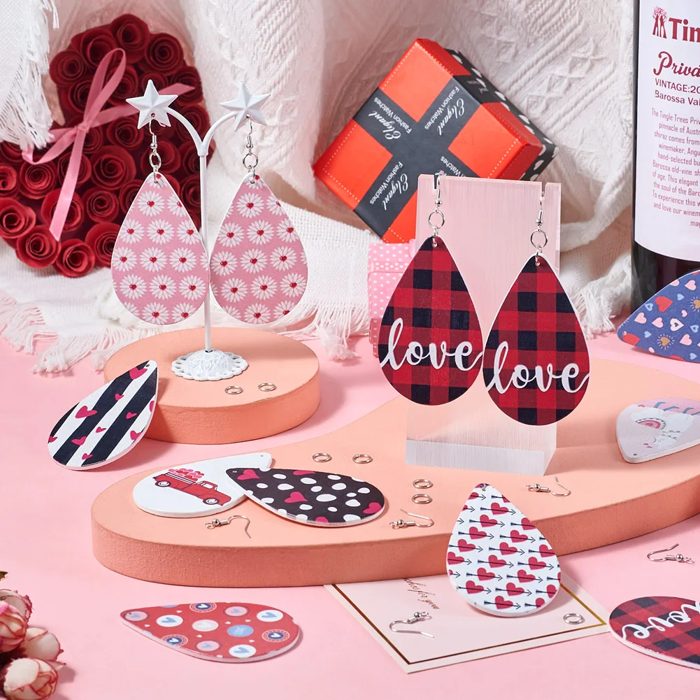 Kit per la creazione di orecchini fai-da-te per San Valentino con cuore d'amore Anello per orecchini con ciondolo grande in legno stampato con gancio per orecchini pendenti femminili